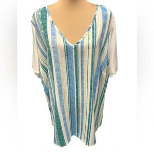 New BloomChic Women's Short Sleeve Blue Green White Striped Top V-neck Size 26